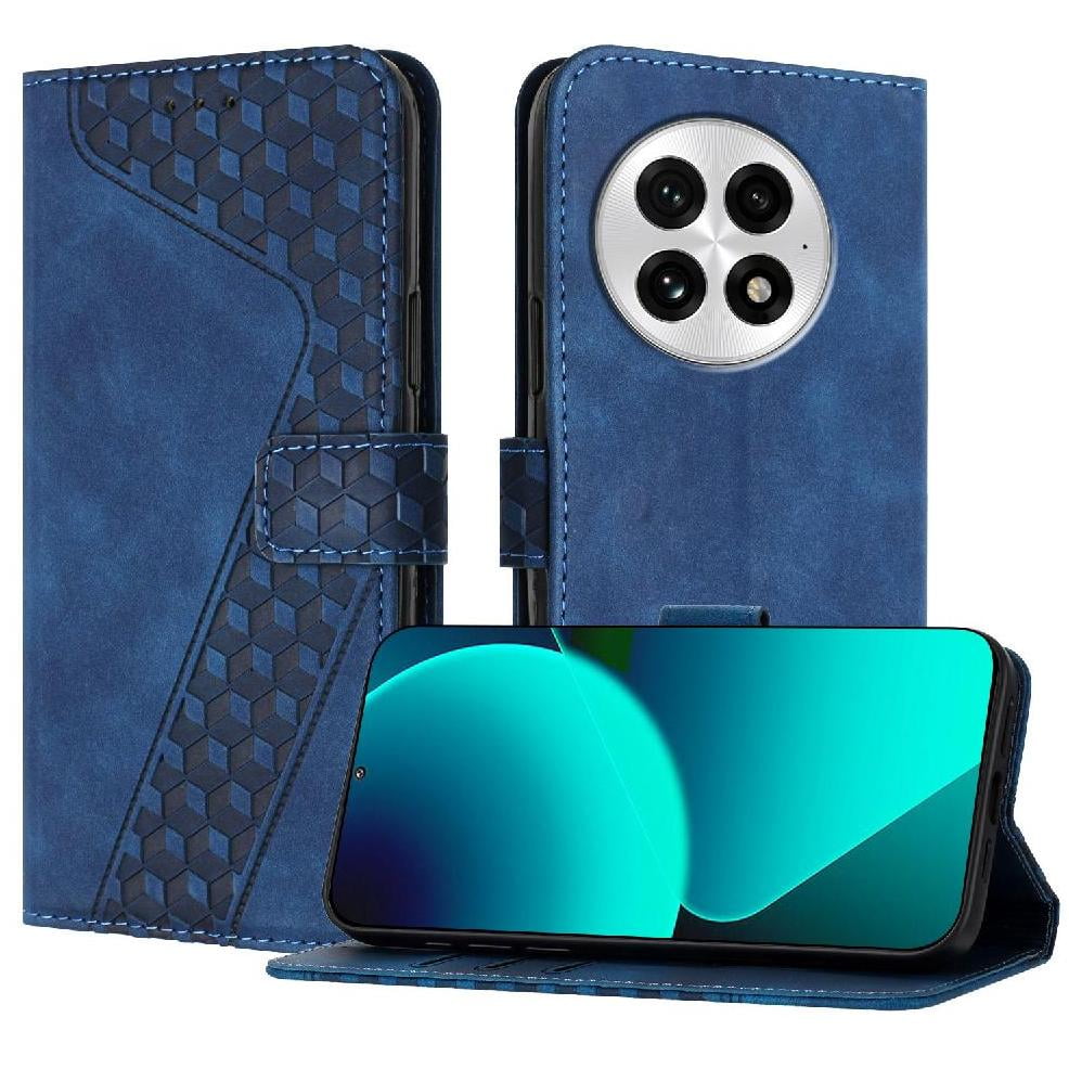 Foxdock - Funda Tipo Cartera Para Oneplus 13 Con Tarjetero, Bolsillo Para Billetes, Soporte, Cierre Magnético Y Correa Para La Muñeca, Funda Tipo Folio Con Textura Geométrica Azul