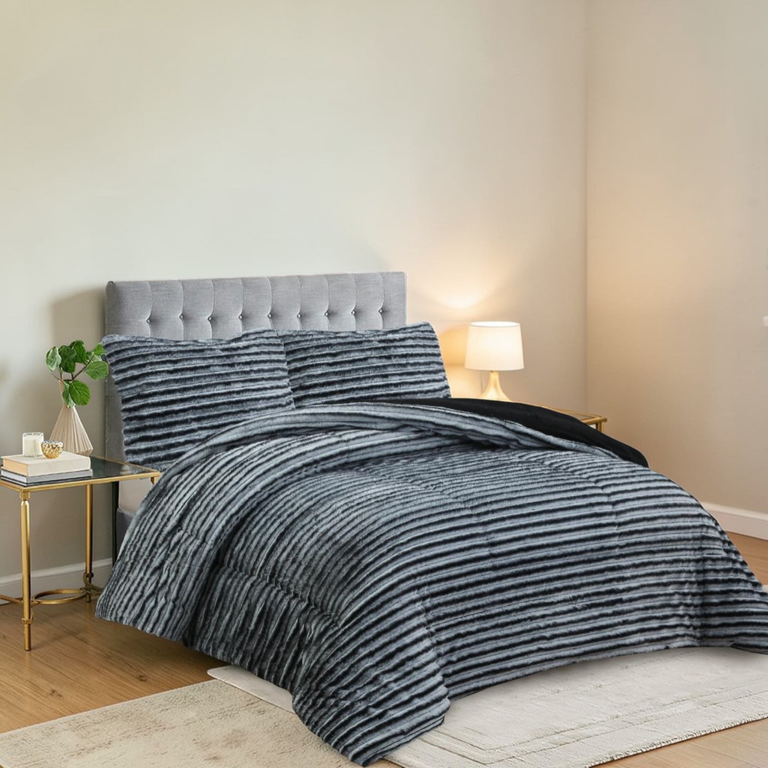 Cubrecama Premium Pelo De Conejo Sintetico Con Chiporro Lineas M33