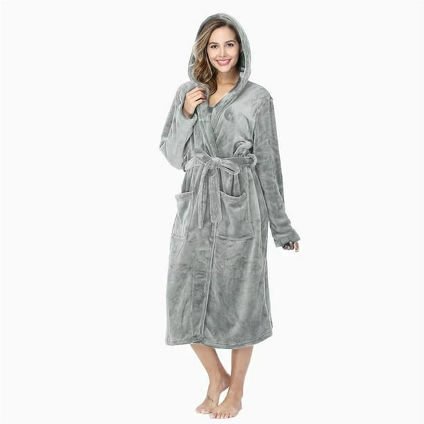 Bata De Baño Con Capucha Para Mujer De Invierno Grueso Cálido Gris