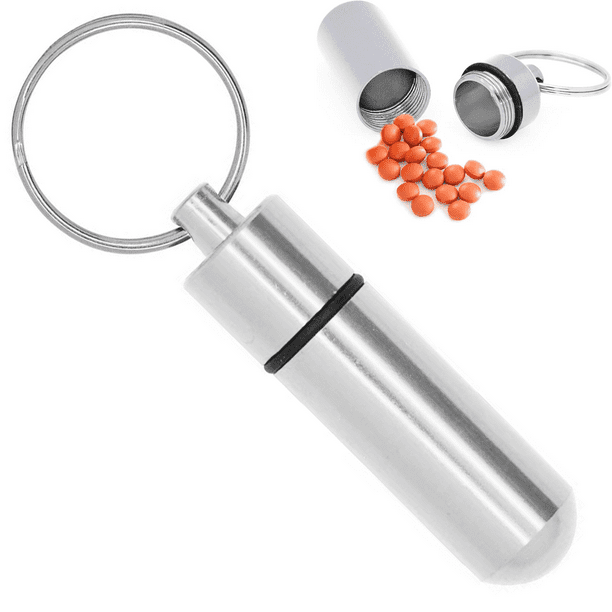 Pastillero de aluminio con llavero. Mini pastillero portátil de viaje, impermeable, con estuche para vitaminas. Contenedor, organizador, dispensador y recordatorio semanal.