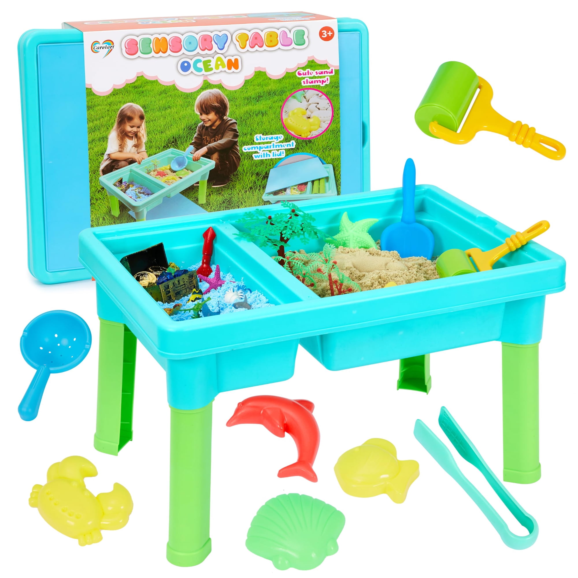 Mesa Sensorial Carolart Ocean Con Arena, Papelera Con Tapa Para Niños De 3 A 5 Años
