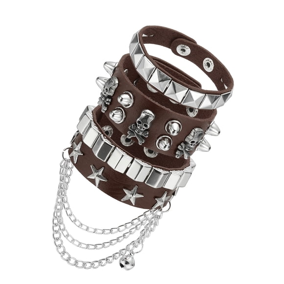 Uxcell 3Pcs Conjunto de Pulseras de Cuero con Tachuelas Rock Punk, 8.7"/22cm Muñequera Ajustable con Picos Góticos para Fiestas de Halloween Accesorios Emo Grunge, Café