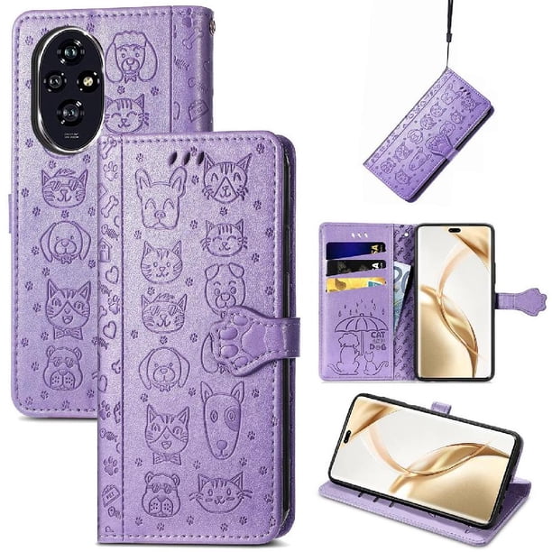 Funda Cartera FOXDOCK para Honor 200 Pro , Flip PU con Relieve de Gatos y Perros, Tarjetero y Soporte