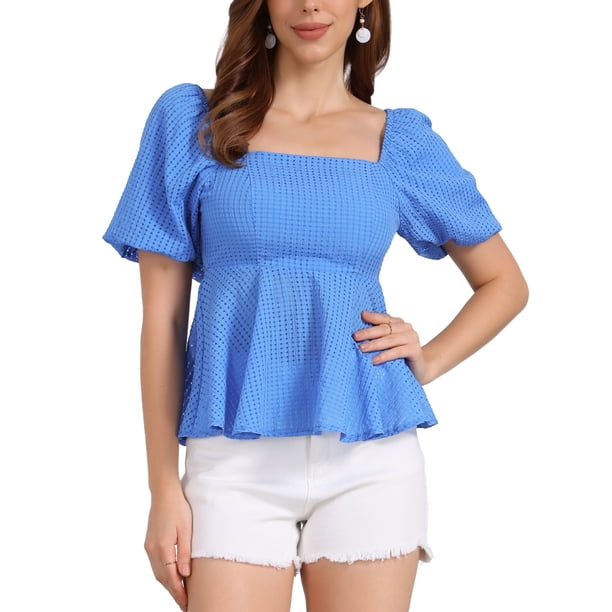 INSPIRE CHIC Lazo de Mariposa para Blusa de Mujer con Mangas Abullonadas Cuello Cuadrado Casual Peplum XL Azul