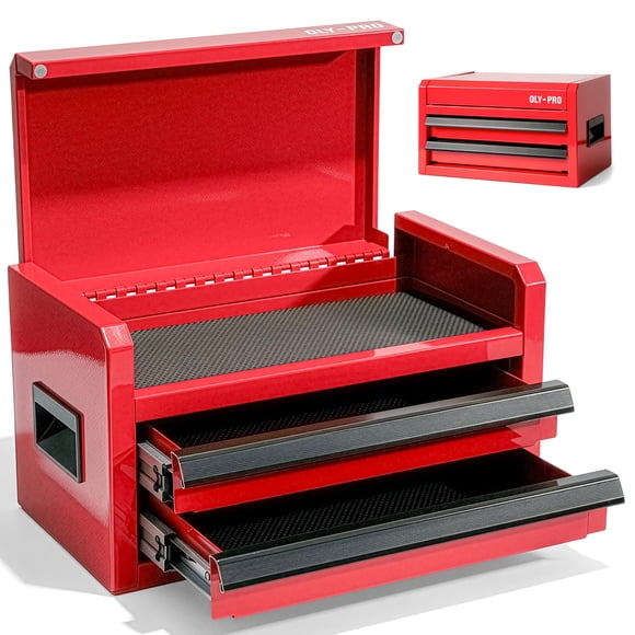 Mini caja de herramientas OLY-PRO 27 cm, 2 cajones, acero rojo y portátil