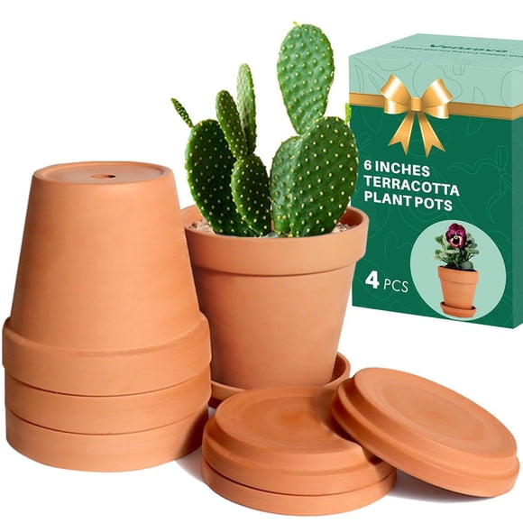Macetas de barro para plantas Vensovo, terracota, 15 cm, con platillo, paquete de 4