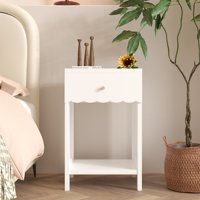 M&Ms - Modern White Nightstand With Drawer And Open Shelf,Scalloped Edge Bedside Table For Bedroom, Cute Minimalist Side Table For Kids Room Or Girls' Room