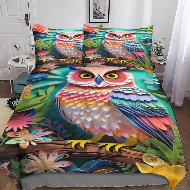 Juego de ropa de cama con diseño de búho adorable, funda nórdica 3D, funda de edredón de microfibra suave con flores coloridas, fundas de almohada y funda de edredón de 3 piezas.