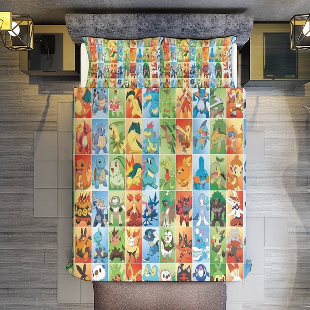 Comforter Set Queen Size Pokmon - First Partners Squares Set with 2 Pillowcases for All SeasonsBedding Set 3pcs for Kids Boys Girls Bedroom Decor Bed Sheets