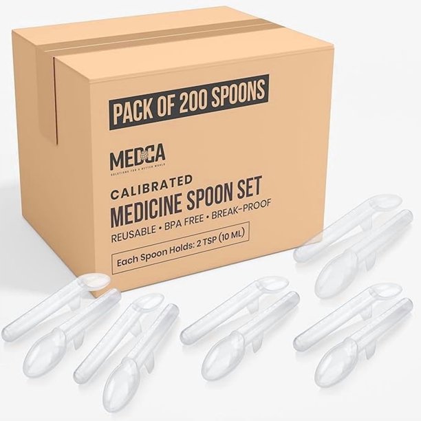 Cucharas Dosificadoras Calibradas MEDca para Niños y Bebés - Capacidad de 2 Cucharaditas/10 mL, Paquete a Granel de 200, Dispensador Plástico de Dosis Líquidas, Apto para Lavavajillas