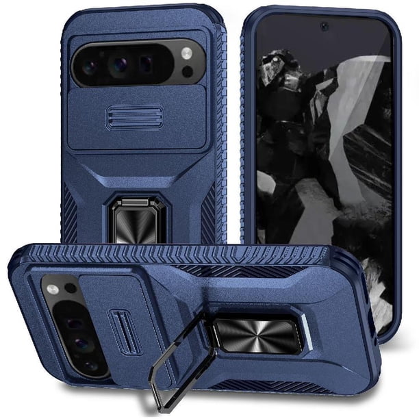 Funda Armada para Google Pixel 9 Pro XL con Tapa Deslizante y Soporte Magnético Giratorio Azul