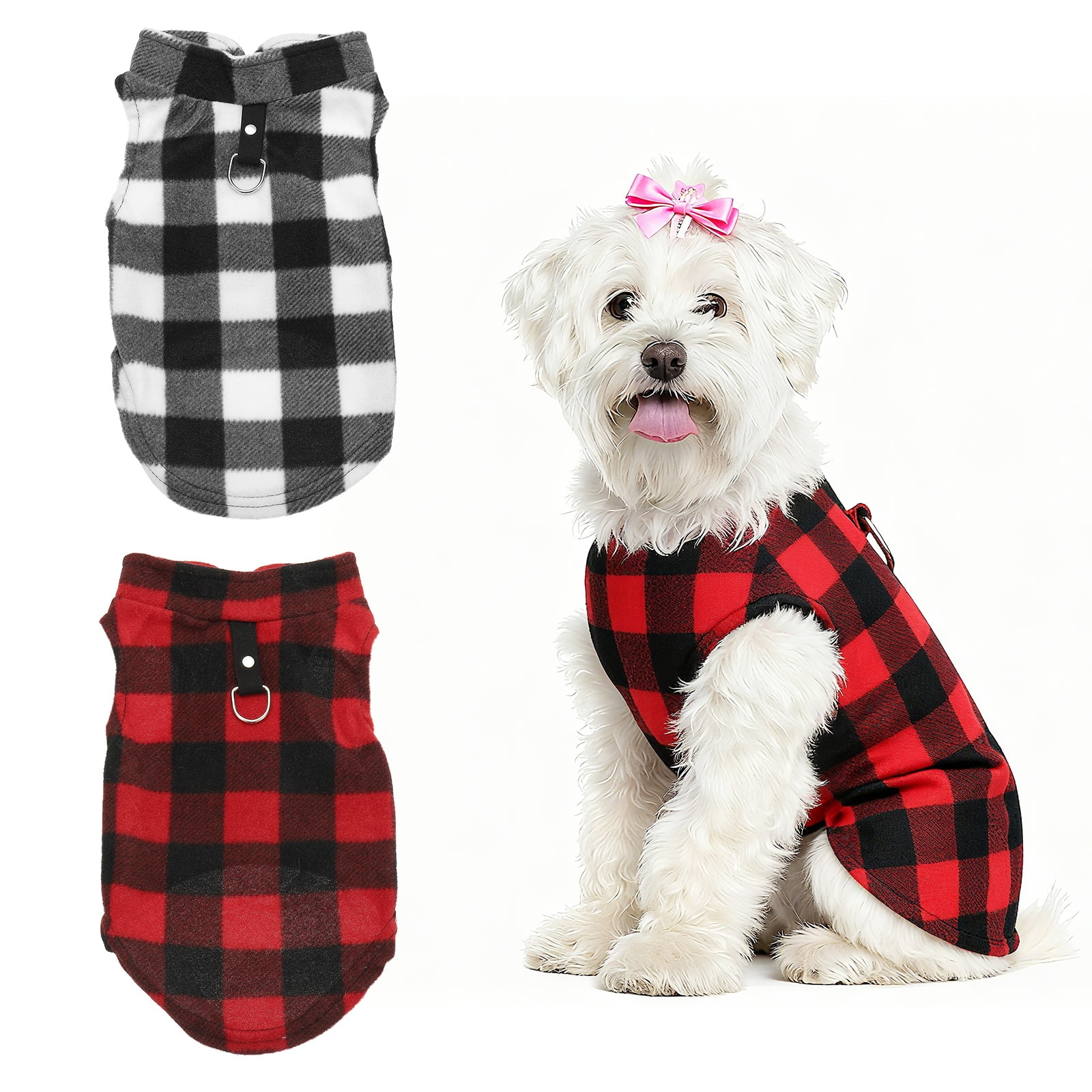 Uxcell Chaleco de Forro Polar para Perros, Abrigo de Forro Polar Elástico con Anillo para Correa Ropa Gruesa de Invierno para Mascotas Suave (S, Cuadros, Rojo Negro/Negro Blanco, 2 Paquetes)