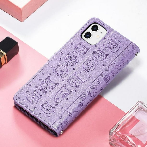 Funda Cartera FOXDOCK para iPhone 12 Mini , Flip PU con Relieve de Gatos y Perros, Tarjetero y Soporte