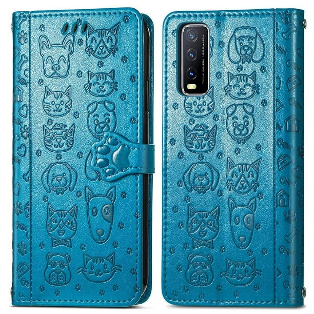 Funda Cartera FOXDOCK para VIVO Y20 , Flip PU con Relieve de Gatos y Perros, Tarjetero y Soporte