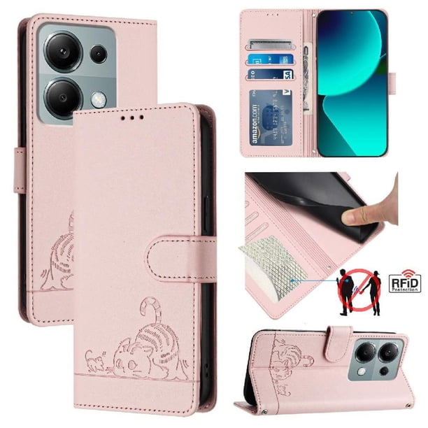 Funda tipo cartera FOXDOCK para Xiaomi Redmi Note 13 Pro 4G con soporte, ranuras, RFID, diseño de gato