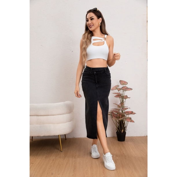 Falda Larga Mujer Tiro Alto Jeans Full Elasticada Abertura 6005