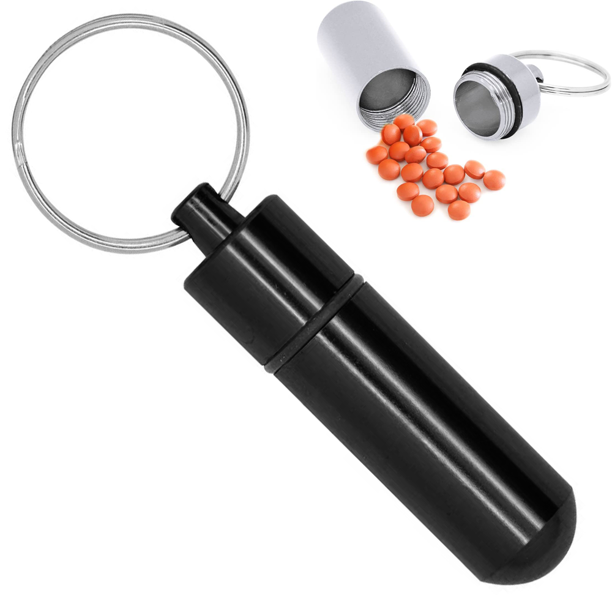 Pastillero de aluminio con llavero. Mini pastillero portátil de viaje, impermeable, con estuche para vitaminas. Contenedor, organizador, dispensador y recordatorio semanal.