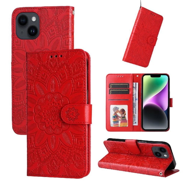 Funda tipo cartera FOXDOCK para iPhone 13 , diseño girasol en relieve, cuero PU, cierre magnético, soporte y tarjetero