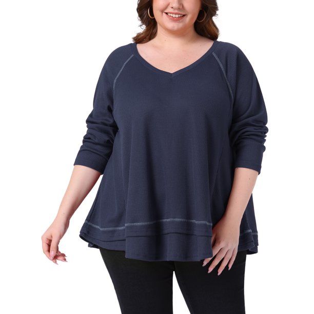 Agnes Orinda Conjuntos de Halloween Tallas Grandes Top de Punto de Gofre para Mujeres Cuello en V Manga Larga Dobladillo de Retazos Suéter de Punto Blusas 4X Azul Marino