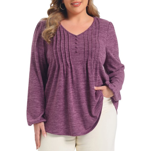 GRACIA Y GRANDEZA Disfraces de Halloween Blusas de Mujer Tallas Grandes con Botones Decorativos de Pliegues Mangas de Linterna Ajuste Suelto Cuello en V Elegante Casual Blusas de Punto 3X Púrpura