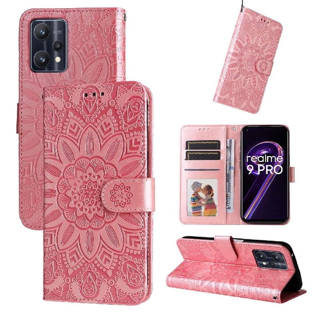 Funda tipo cartera FOXDOCK para Realme 9 Pro , diseño girasol en relieve, cuero PU, cierre magnético, soporte y tarjetero