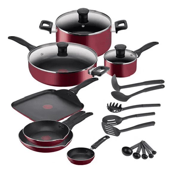 Batería T-fal de 20 piezas, Easy Care, aluminio antiadherente, color rojo
