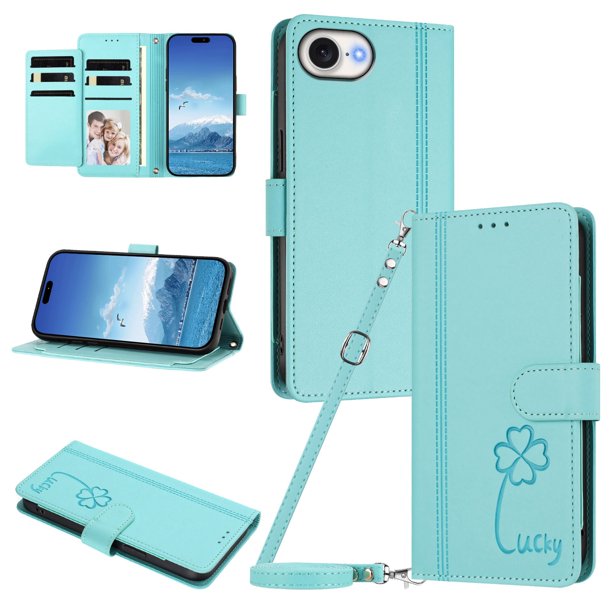 Funda Cartera Trébol para iPhone 17e/iPhone 16e con Ranuras Tarjetas y Carga Inalámbrica Verde menta