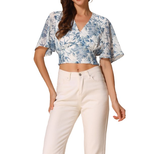 INSPIRE CHIC Blusa de Mujer con Estampado Floral, Escote en V, Mangas Acampanadas, Dobladillo Fruncido, Blanco Azul XL