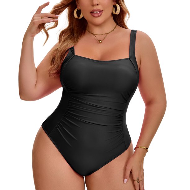 Agnes Orinda Traje de Baño de Una Pieza para Mujer Tallas Grandes Push Up Control de Abdomen Fruncido Traje de Baño de Playa Piscina 1X Negro