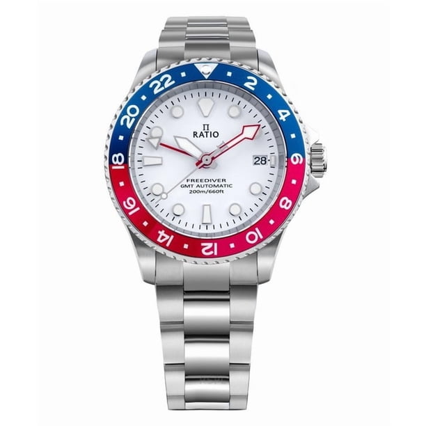 Reloj Digital Ratio FreeDiver GMT Serie Zafiro Acero Inoxidable Esfera Blanca Bisel Pepsi Azul Rojo Automático Hombre