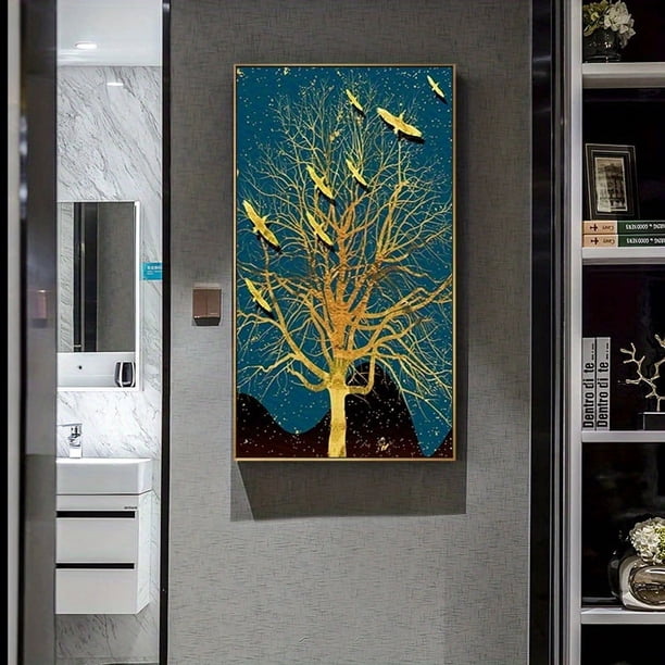 1pc Frameless Golden Tree Of Life Canvas Poster Print Modern Abstract Gold Leaf Wall Art Painting Nordic Living Room Decoration Picture Cuadro, No Frame