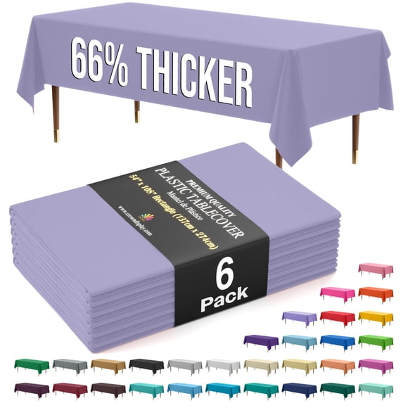Exquisite Mantel de Plástico Premium 66% Más Grueso, Rectangular, 0,5 mil, Pack de 6, Lavanda, 54" x 108" (137 cm x 274 cm), Desechable y Resistente al Desgarro