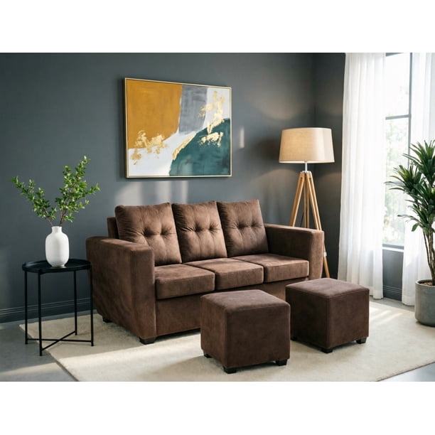 Living Alabama 3 cuerpos + 2 pouf Felpa Chocolate