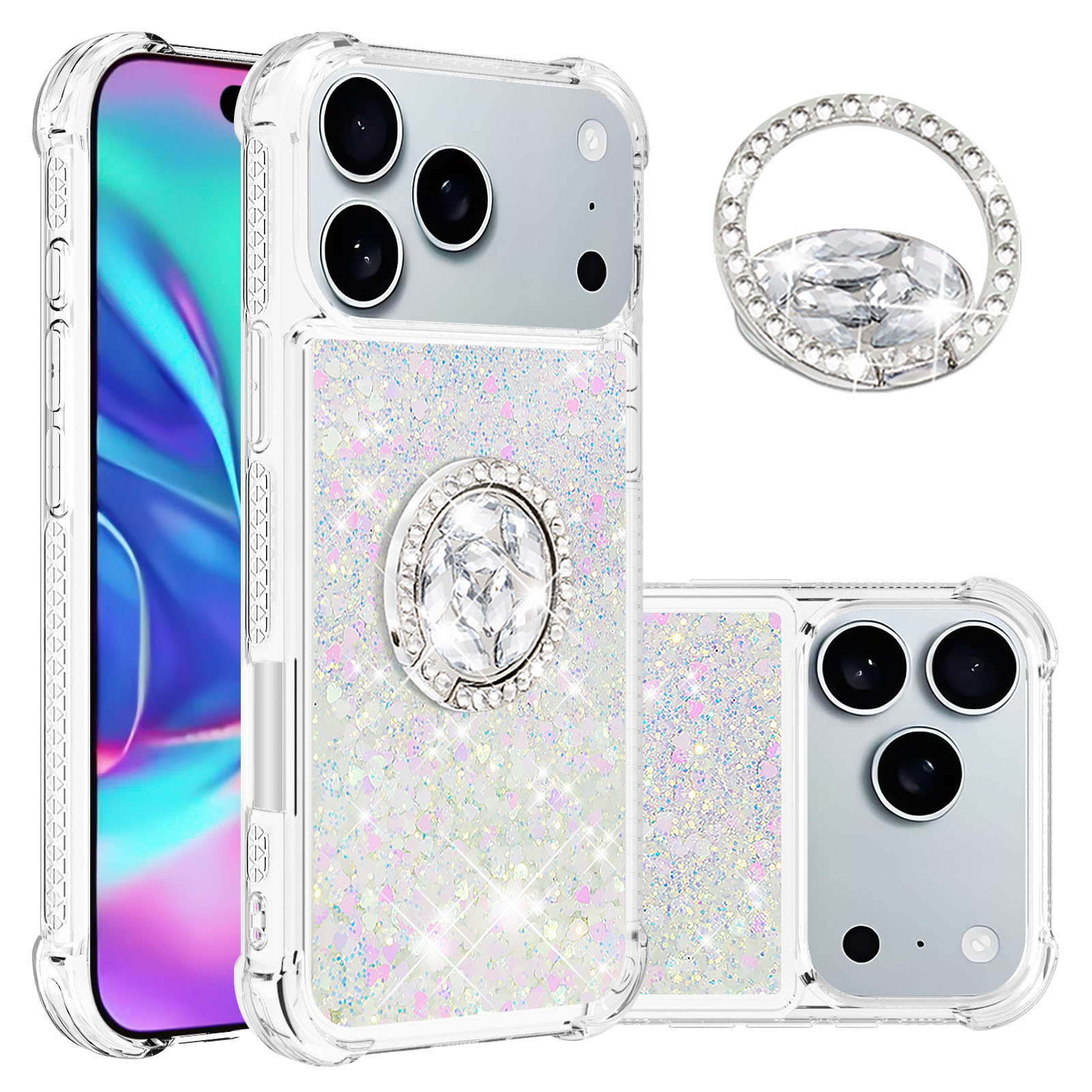 Foxdock Funda Glitter Líquida Para Iphone 17 Pro Con Anillo Brillante, Tpu Antichoques Y Esquinas Reforzadas, Soporte