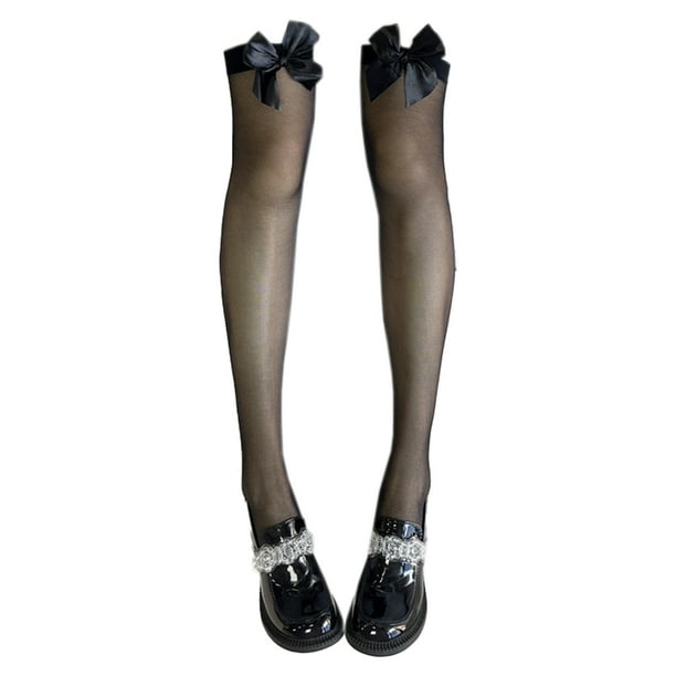 Medias de seda hasta el muslo para mujer, calcetines de silicona con encaje y lazo de satén.