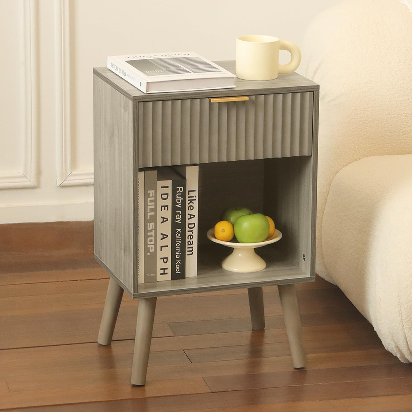 Mesita De Noche Fultyle Mid Century Modern Con Cajón Gris