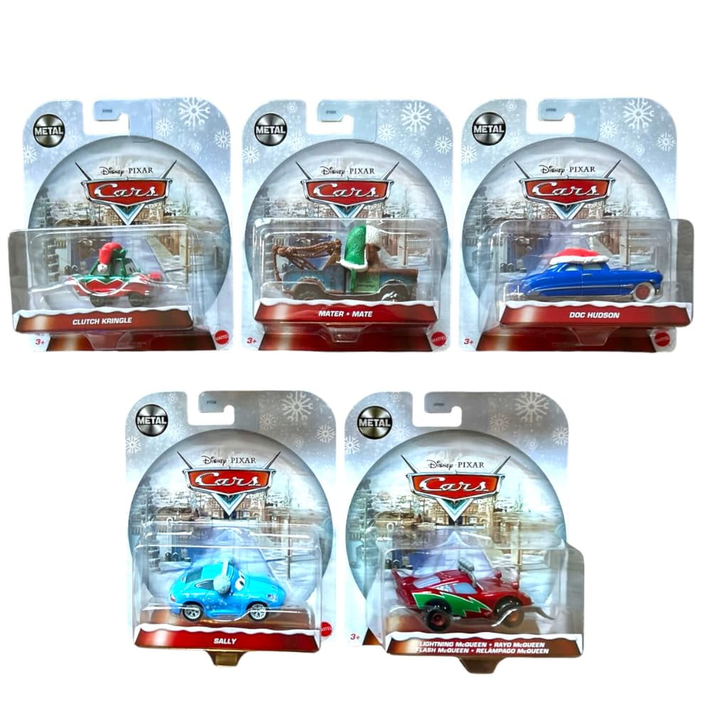 Pack De 5 Autos Mattel De Fundición Disney Pixar Cars Temática Navideña Escala 1:55