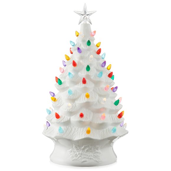 Árbol de Navidad de cerámica Casafield, blanco, 61 cm, con luces y adorno