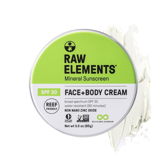 Protector solar Raw Elements mineral para rostro y cuerpo SPF30, 90 ml, lata