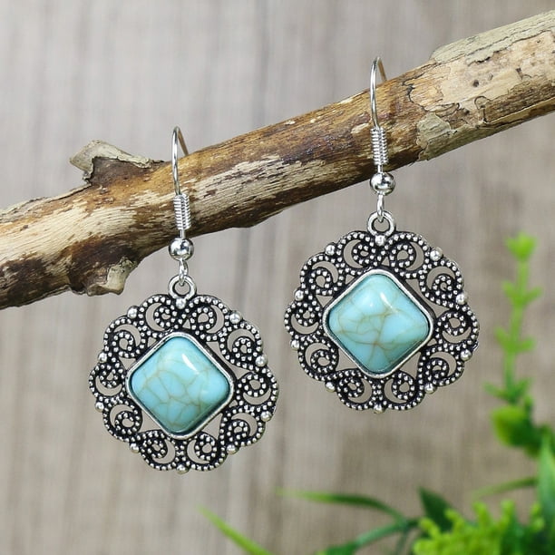 1pair Boho Style Vintage Earrings with Turquoise - Ancient Silvery Design for Women and Girls