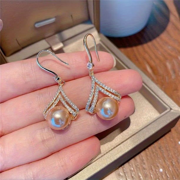 Simple Elegant Faux Pearl Geometric Shape Drop Earrings Champagne Faux Pearl 925 Silver Needle Jewelry