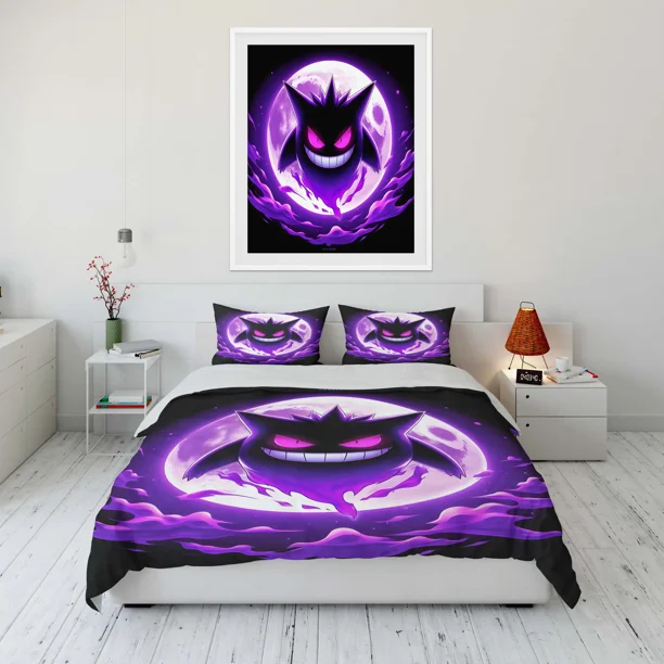 v1240 Bed Sheets Sizes Gengar Printed Bedding Set Cartoon Anime Microfiber Bed Set Pillowcase Adult Bed Cover Bedroom Bed Set Duvet 3-Piece Bedding Set (1 Duvet Cover + 2 Pillow Shams) Bed Sheets ju