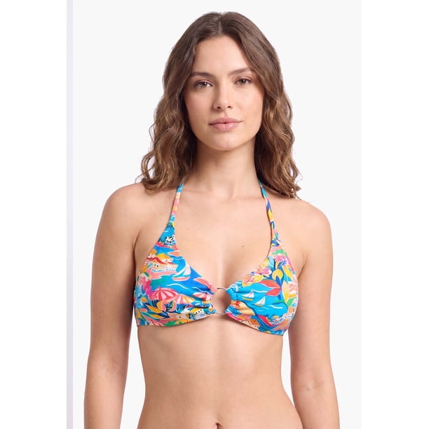 Bikini triangulo argolla central estampado turquesa