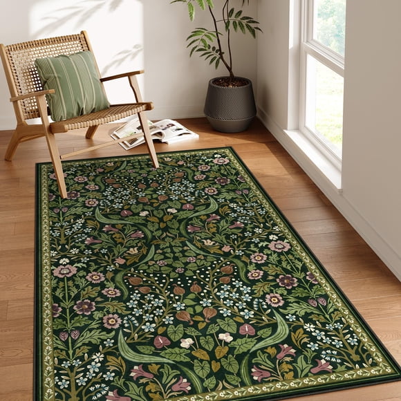 Alfombra Moynesa Floral Verde 122x183 cm Lavable Antideslizante