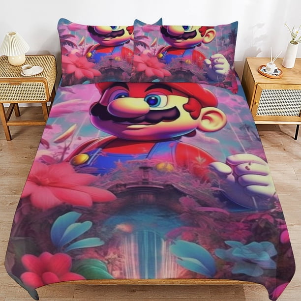 Super Mario 3-Piece Comforter Set for Bedroom Super Mario Bedding Set for Kids Adults Soft Microfiber Duvet Cover Set with Zipper Closure