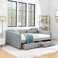 M&Ms - Queen Size Daybed With Two Drawers Trundle Upholstered Sofa Bed, With Vertical Stripes Linen Fabric, Grey (86.5""X65""X30"")