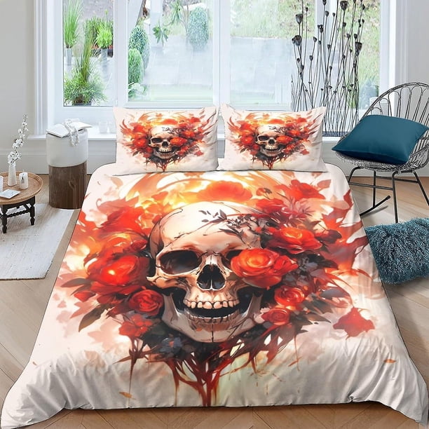 Juegos de funda nórdica con calaveras - Funda nórdica 3D, juego de ropa de cama gótico para niños y niñas, juego de 3 piezas con cierre de cremallera, microfibra suave.