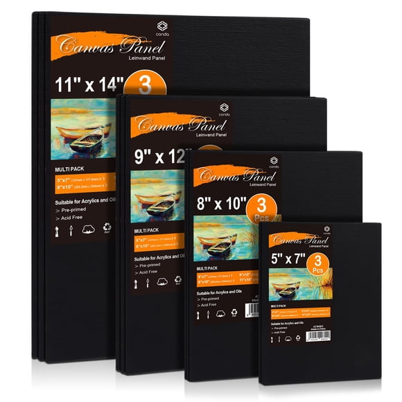 Conda Paneles de Lienzo Negro Multi Tamaño - Superficie Preparada sin Ácido para Pintura al Óleo, Acrílico y Acuarela (11x14, 9x12, 8x10, 5x7, Pack de 12)