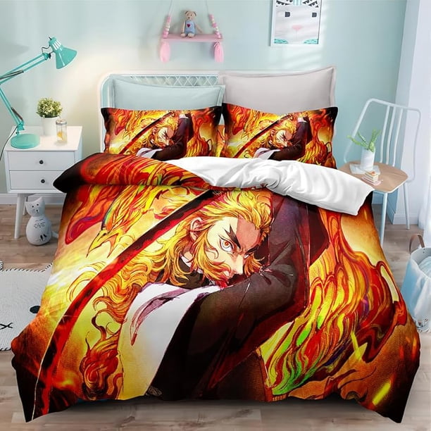 Bed- Duvet- Cov-er Anim-e Cartoon Demon-Sla-yer Bedding -Sets 3D Lightweigh-t 3 Piece C-omforter Sets 1 Duvet Co-ver and 2 -Pillow Shams for Boys Girl