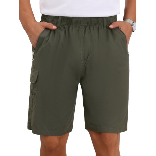 INSPIRE CHIC Pantalones Cortos de Carga de Algodón con Bolsillos con Cremallera para Hombre, Regreso a Clases, Senderismo, Camping, Talla 36, Verde Oliva